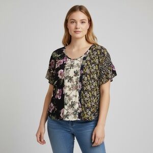 5️⃣Women’s Boho Floral Blouse Karen Kane Mixed Print Patchwork Top